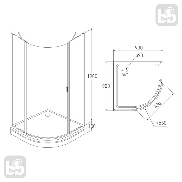 Душевая кабина ORLANDO 90*90*205см в комплекте с мелким поддоном, распашная, хромированная, стекло прозрачное 6мм