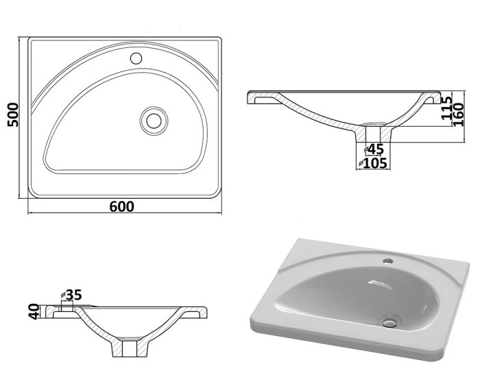 Умывальник «Диана» 60 см белый А100 глянец