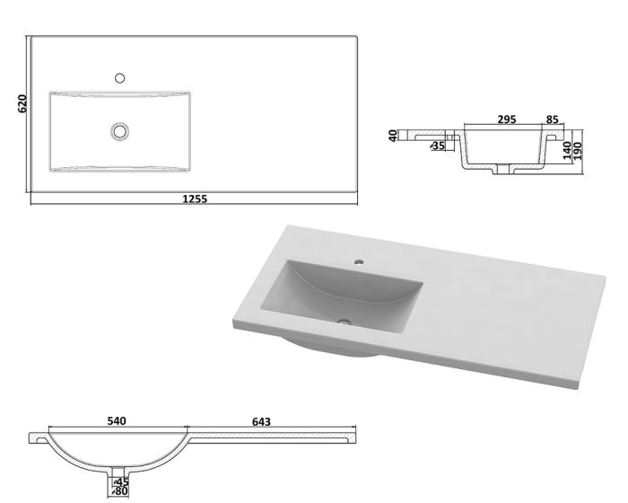 Умывальник «Юнона» 125 см L белый А100 глянец
