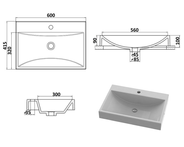 Умывальник «Гранд» 60 см  белый А100 глянец