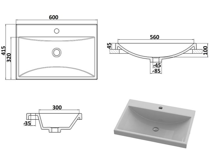 Умывальник «Богема» 60 см Меланит H100 глянец