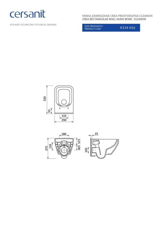 Унітаз підвісний CREA CLEAN ON прямокутний Церсаніт УКРАЇНА
