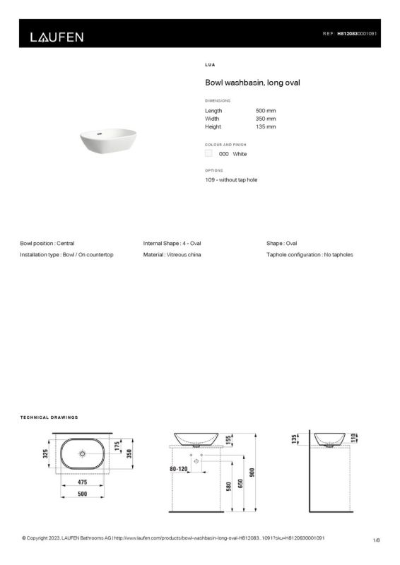 Умивальник BOWL LUA 500 мм H8120830001091 LAUFEN