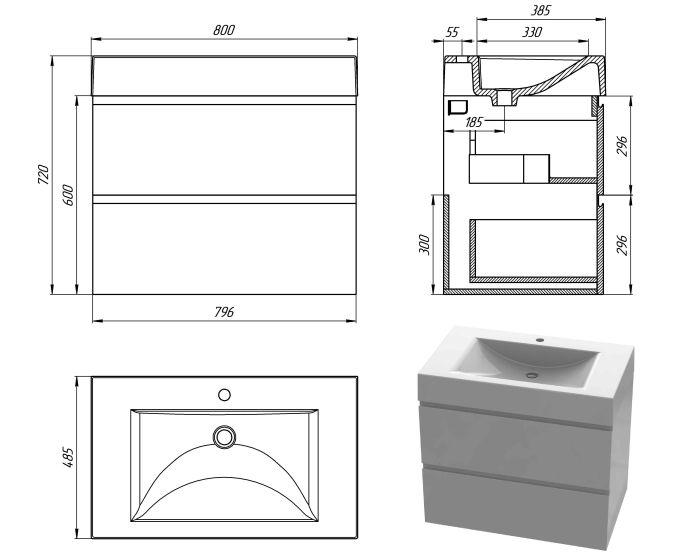 Тумба «Елегія» 80 см з умивальником «Атлант» Білий