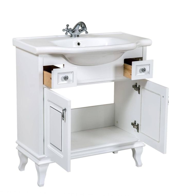 Тумба с умывальником Беатриче New Klasik Белая Патина Хром 80, Аква Родос