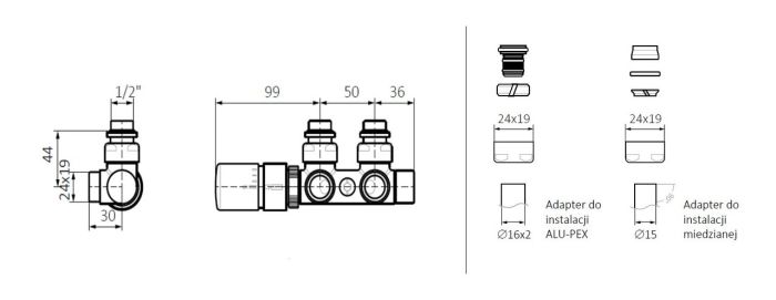 Набор интегрированный термостатический угловой левый хром Terma.