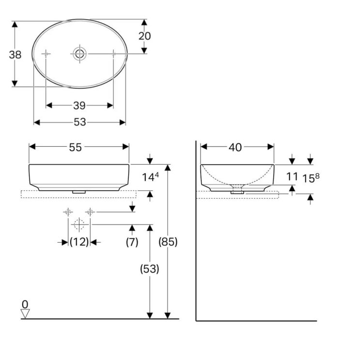 Умывальник Geberit VariForm овальный, 55х40 см, без отверстия под смеш., без перелива, 500.771.01.2