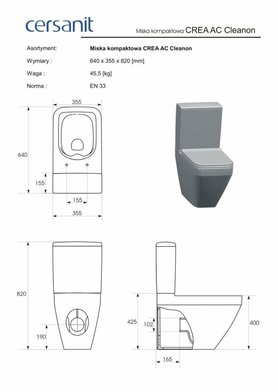 Унітаз підлоговий Crea CleanOn з кришкою Slim дюропласт soft close (CCCZ1005946213) Cersanit