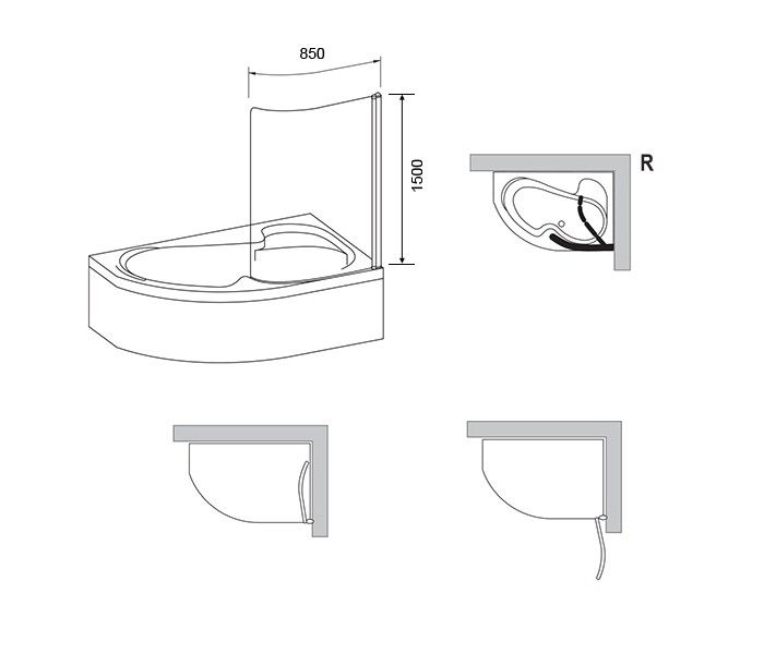 Шторка для ванны одноэлементная CVSK1 ROSA 140-150 R Transparent, (7QRM0C00Y1) RAVAK