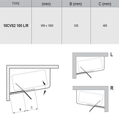 Шторка для ванни двохелементна 10CVS2-100 R Transparent, (7QRA0U03Z1) RAVAK