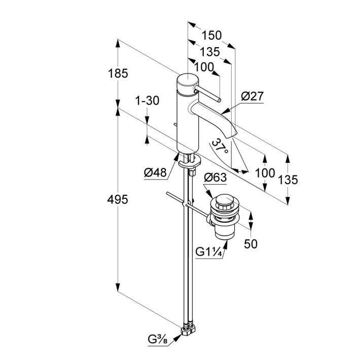 Змішувач для умивальника 100 DN 15 Bozz (382800576), Kludi