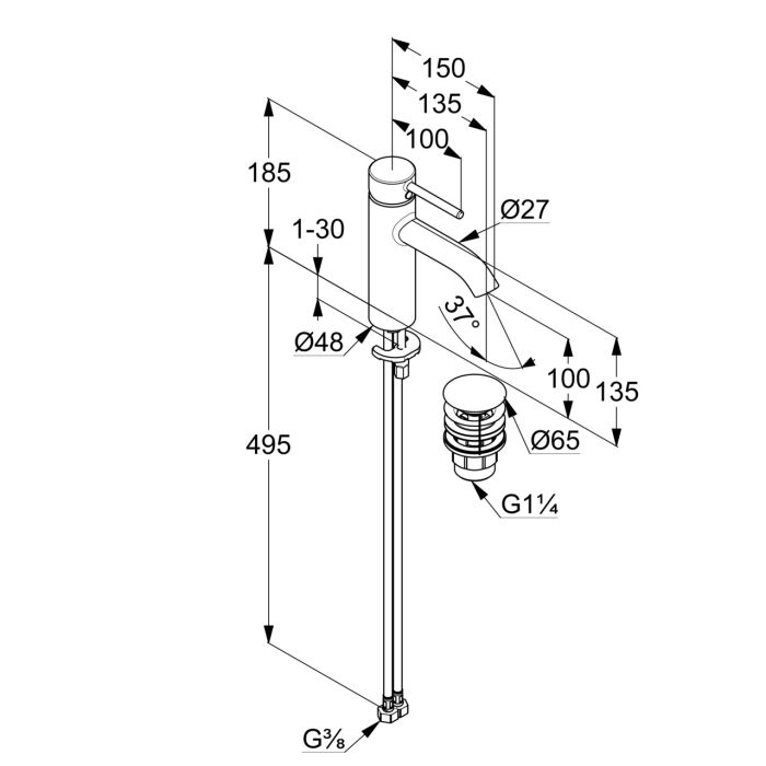 Змішувач для умивальника 100 DN 15 Bozz (382883976) чорний, Kludi