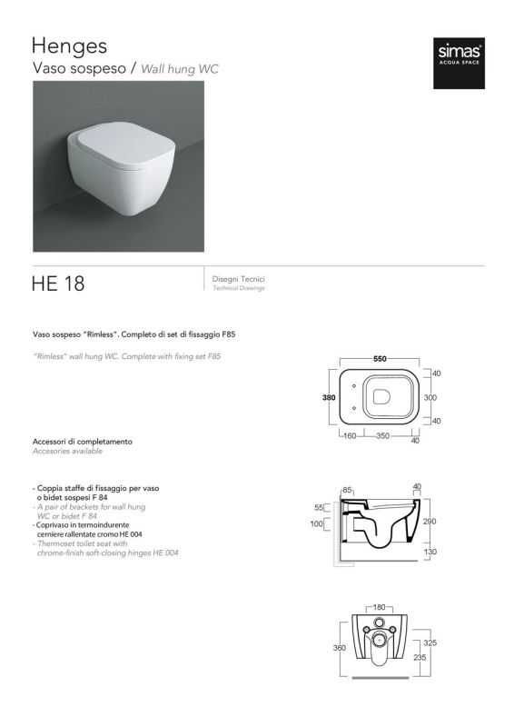 Унітаз підвісний Henges HE18 F85 (HE18-F85), SIMAS