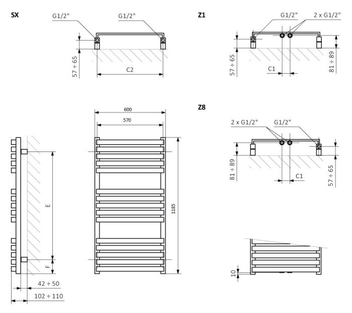 Рушникосушка TERMA Quadrus Slim 1185х600 Ral Soft 9016 SX