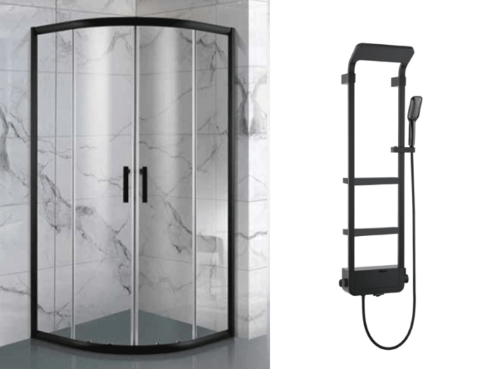 Душевая кабина 90*90 б/п, проф. черн.мат., стекло прозр.(4мм), раздвижная ASIGNATURA Velvet + Душевая панель ASIGNATURA Unique, чёрная 