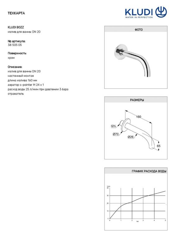 Излив для ванны DN 20 Bozz (3850505), Kludi
