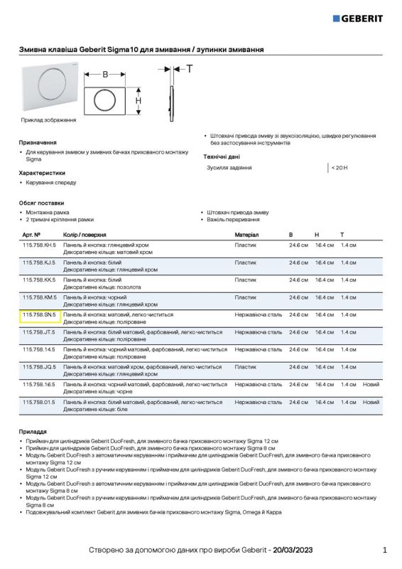 Кнопка слива Sigma10 115.758.SN.5 Geberit