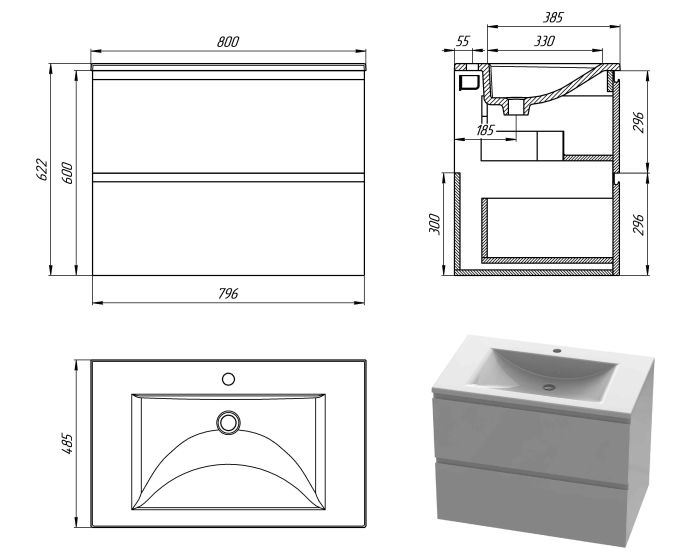 Тумба «Елегія» 80 см з умивальником «Орфей» Білий