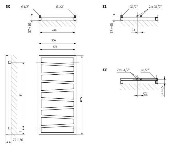 Рушникосушка TERMA Zigzag 1070x500 E1 RAL 9005 mat