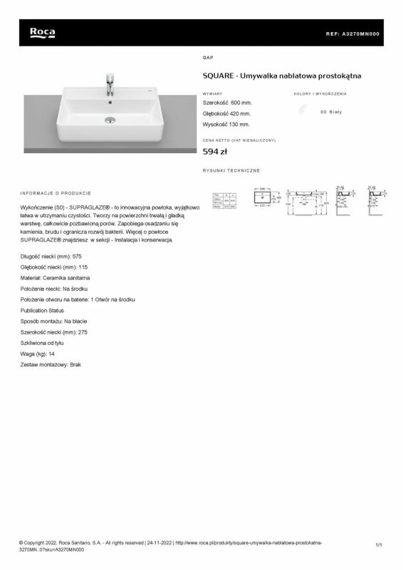 Умывальник Alter 600x420 A3270MN000 Roca