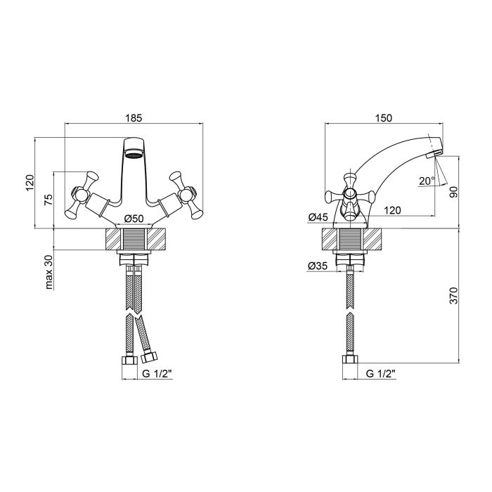 Змішувач для раковини Lidz Lamb 161F двохвентильний LDLAM161FCRM35446 Chrome