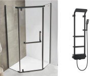 Душова кабіна 90*90 б/п, проф.чорний мат, скло прозр, (8 мм), розпашна ASIGNATURA Turia + Душова панель ASIGNATURA Unique, чорна