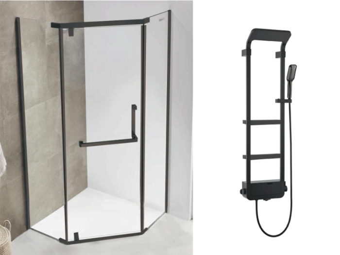 Душевая кабина 90*90 б/п, проф.черный мат, стекло прозр, (8 мм), распашная ASIGNATURA Turia + Душевая панель ASIGNATURA Unique, черная