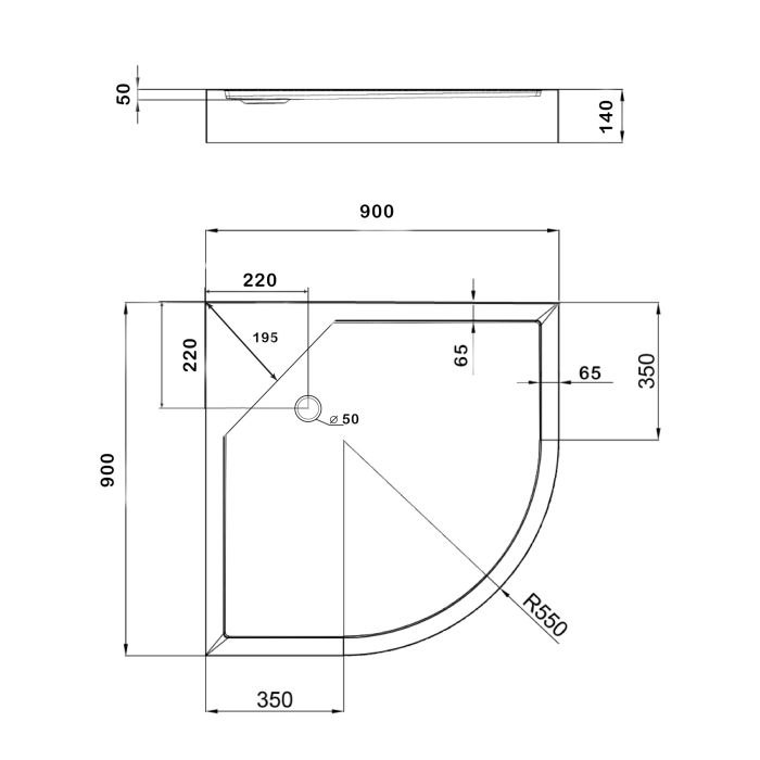 Душевой поддон Kapielka ST90x90x14 низкий, полукруглый, диаметр слива 52 мм Lidz