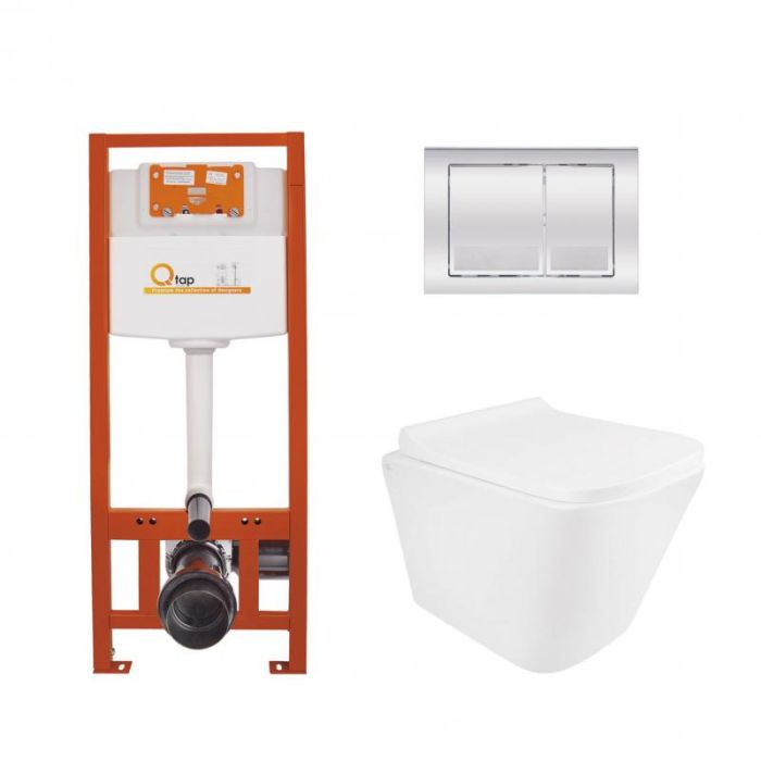 Инсталляционный набор: Qtap Tern Ultra Quiet подвесной унитаз QT1733052EUQW + Nest комплект установки 4в1 (квадратная клавиша Chrome) QT0133M425 + QT0111M06028CRM