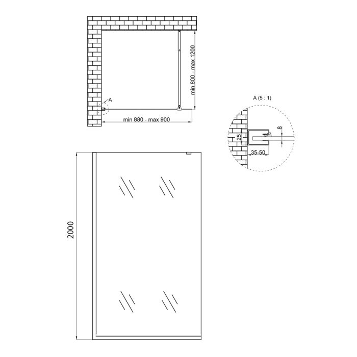 Душова перегородка Qtap Walk-In Standard BLM209.C8 90х200 см, скло Clear 8 мм, покриття CalcLess