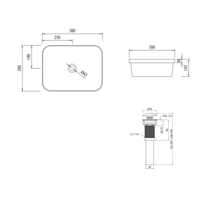 Раковина прямоугольная врезная 500х380х145 мм White + Донный клапан PU02