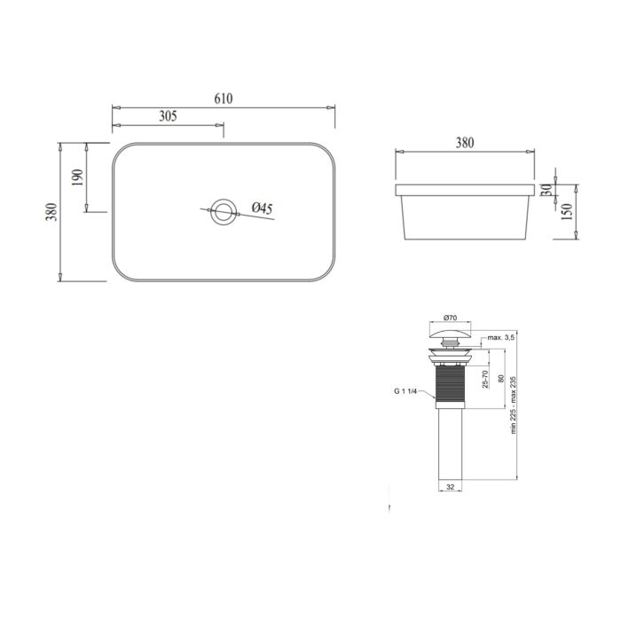 Раковина врезная прямоугольная 610х380х150 мм White + Донный клапан PU02