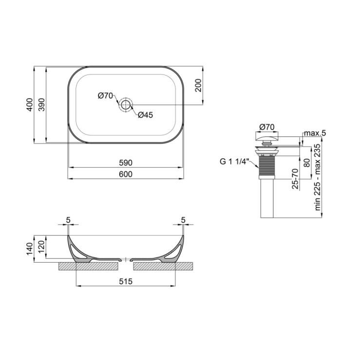 Раковина накладная прямоугольная 610x400x145 мм Matt Black + Донный клапан PU03
