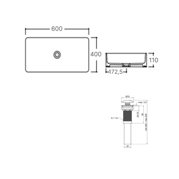 Раковина накладна прамокутна 600x405x110 мм WHITE + Донний клапан PU02