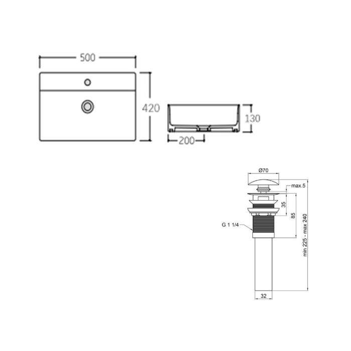 Раковина подвесная прямоугольная 500х420х120 мм White + Донный клапан PU02O