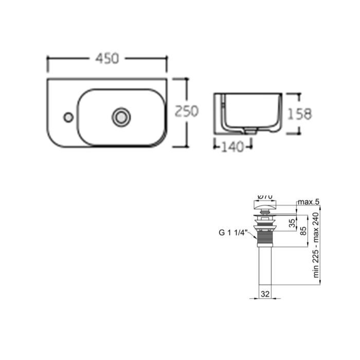 Раковина подвесная прямоугольная левая 450х260х155 мм White + Донный клапан PU02O