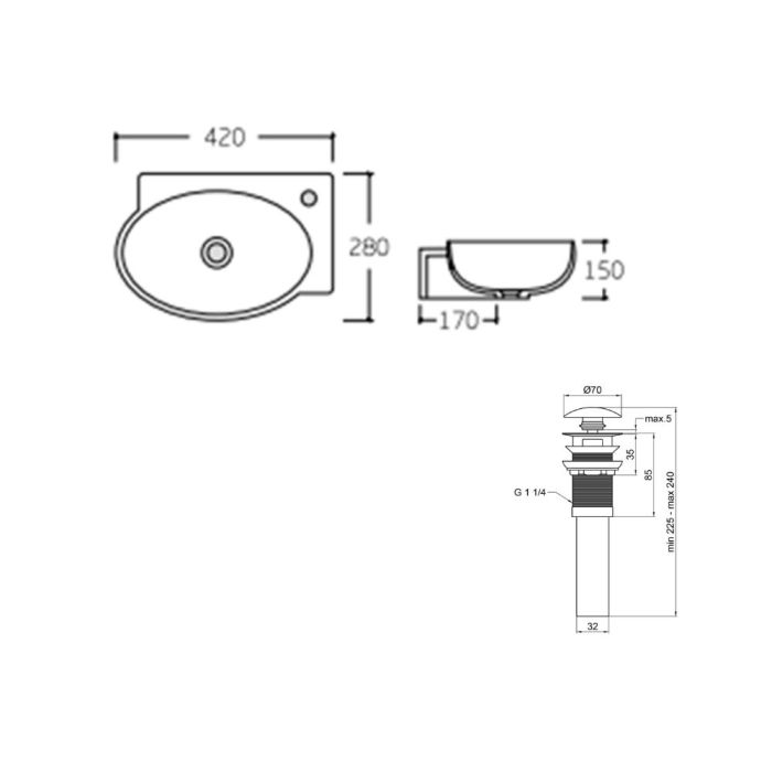 Раковина подвесная овальная левая 430x290x140 мм White + Донный клапан PU02O