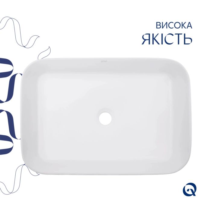 Раковина накладная 560x380x130 мм, White, прямоугольная + Донный клапан Pop-up PU02