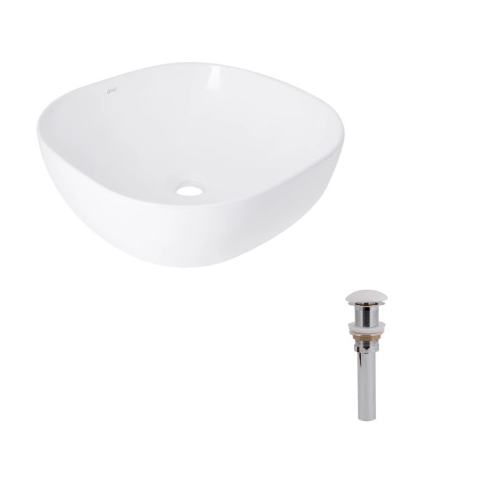 Раковина накладная 425x425x140 мм, White, квадратная + Донный клапан Pop-up PU02