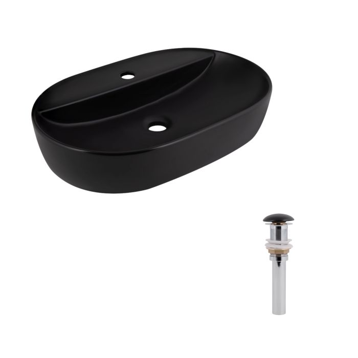 Раковина накладная 600x400x120 мм, Matt Black, овальная + Донный клапан Pop-up PU03
