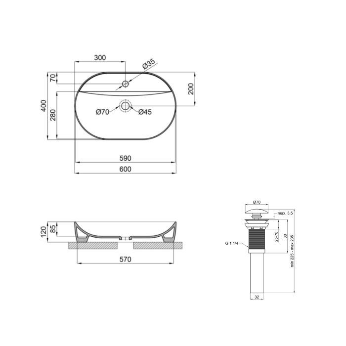 Раковина накладная 600x400x120 мм, Matt Black, овальная + Донный клапан Pop-up PU03
