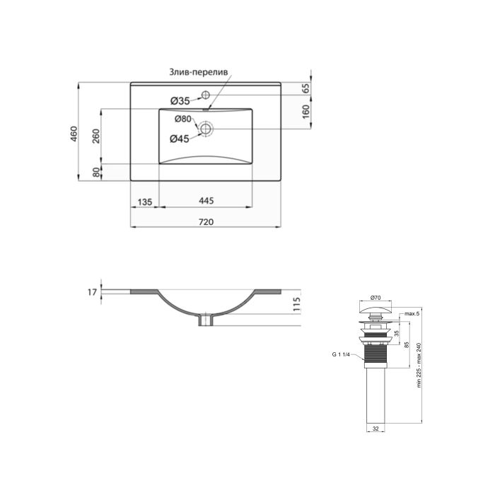 Раковина врезная мебельная 720x460x180 мм, White, прямоугольная + Донный клапан Pop-up PU02O