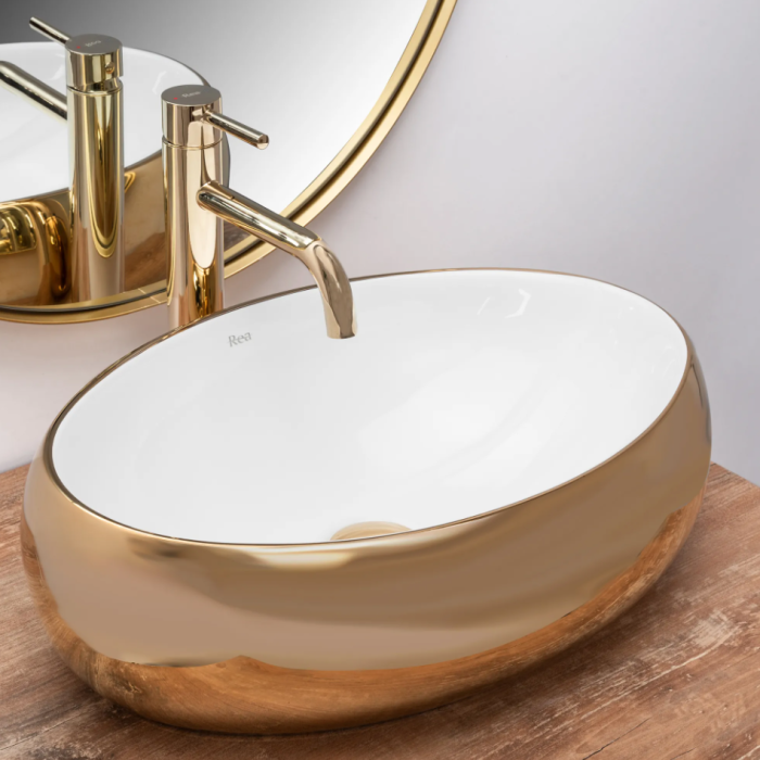 Умывальник REA LINDA GOLD WHITE накладной белый/золотой