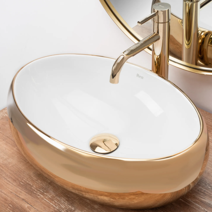 Умывальник REA LINDA GOLD WHITE накладной белый/золотой