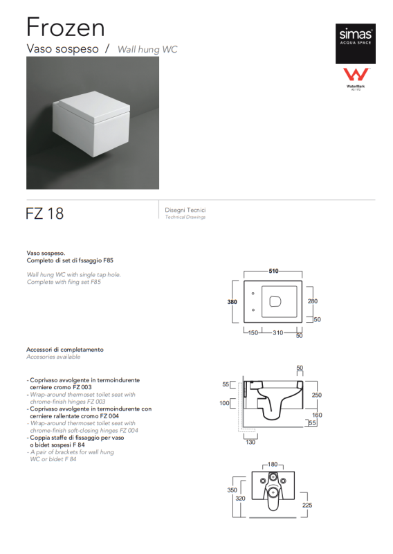 Унітаз підвісний Frozen з кришкою soft-close FZ18-F85-FZ004 Glossy white SIMAS