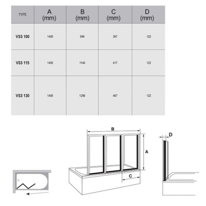 Шторка для ванны трехэлементная VS3 115 Rain, (795S010041) RAVAK