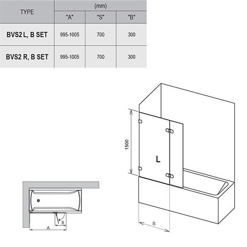 Шторка для ванны двухэлементная BVS2-100 L Transparent, RAVAK