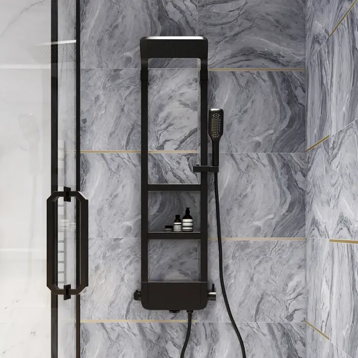Душевая кабина 90*90 б/п, проф.черный мат, стекло прозр, (8 мм), распашная ASIGNATURA Turia + Душевая панель ASIGNATURA Unique, черная
