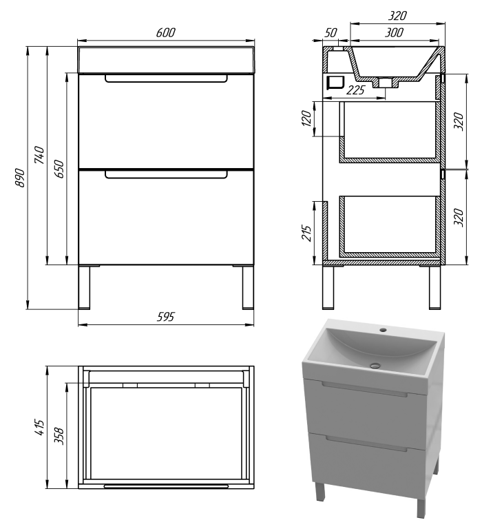 Тумба "Б'янко" 60 см з умивальником "Гранд" Білий
