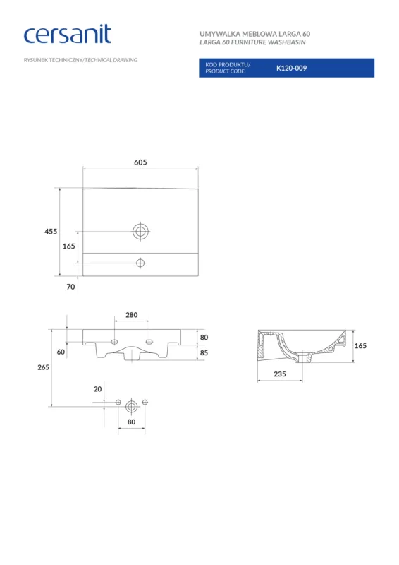 Умывальник 60 см Larga CCWF1008491904 Cersanit